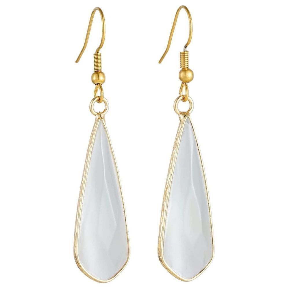 18K Yellow Gold with Natural White Opal Stone French Wire Dangling Hook Earrings